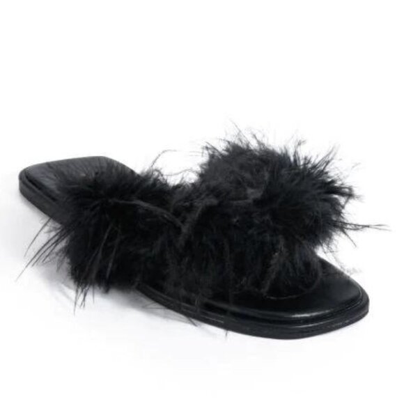 AZALEA WANG Pammy Black Maribou Feather Flat Thong Sandals Slippers 7.5 NWT - Picture 1 of 16